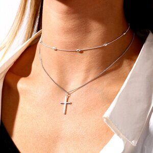 3/$35 Layered Cross Pendant Chain Necklace Choker Silver Tone Beads Jewelry